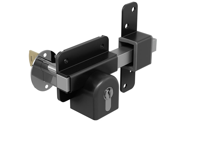 GateMate Long Throw Gate Lock 1490086, Euro Profile Keyed Both Sides Gate Lock for Sheds, Gates & Garage Doors, 316 Stainless Steel, for Wooden Gates & Doors Up to 2” Thick (50mm), Black, 5 Keys