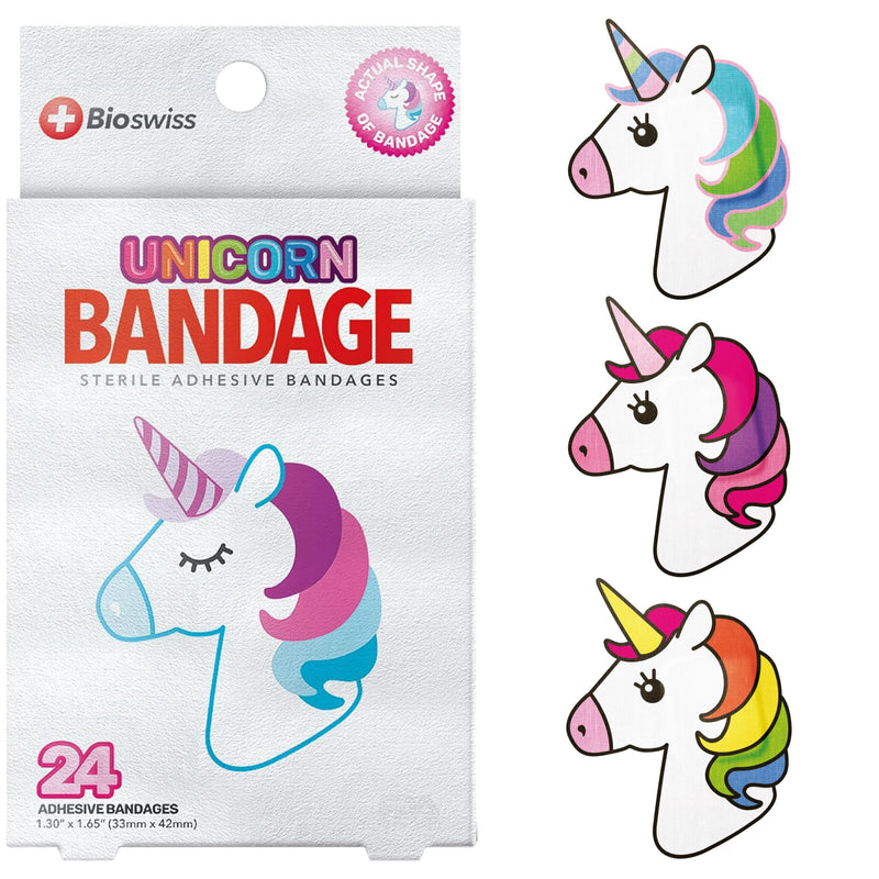 BioSwiss Bandages, Unicorn Shaped Self Adhesive Bandage, Latex Free Sterile Wound Care, Fun First Aid Kit Supplies for Kids, 24 Count 24 Count (Pack of 1)