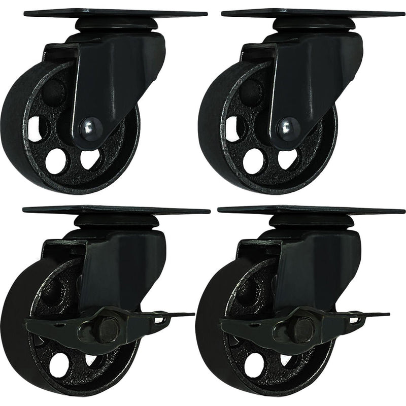 FactorDuty 4 All Black Metal Swivel Plate Caster Wheels w/Brake Lock Heavy Duty High-gauge Steel (3" Combo) 3" Combo