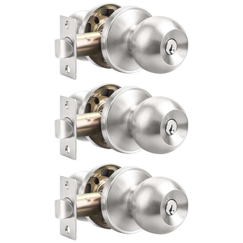 Probrico（3 Pack Entry Door Knob Keyed Alike,Satin Nickel Finish Door Lock Handle,Entry Door Lock/Ball Door knobs with Lock and Same Key,Entrance Knob[Lock with 3 Combo Keys] for Office or Front Door Satin Nickel