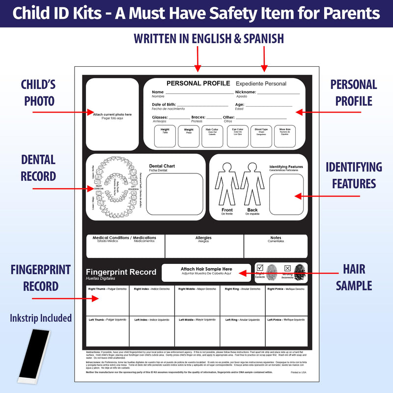Child ID Fingerprint Kits (5 Pack) - Finger Print Kits for Kids - Child Emergency Identification Cards - English/Spanish - Includes Ink Strips for Fingerprinting 5 Pack