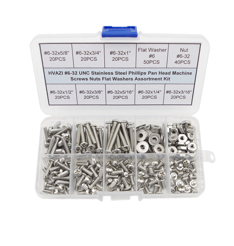 #6-32 UNC Stainless Steel Phillips Pan Head Machine Screws Nuts Flat Washers Assortment Kit #6-32UNC