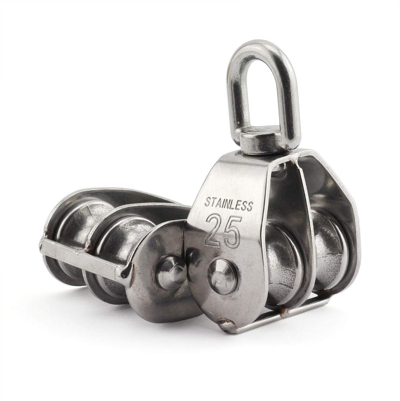 1-Pack M25 Double Pulley Block Stainless Steel Heavy Duty Hardware Double Wheel Swivel Rigging Lifting Wheel Fixed Pulley for Wire Rope Loading 150kg 1