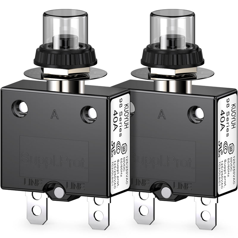 Thermal Circuit Breaker, DIYhz 40 Amp Push Button Manual Reset Circuit Breaker 32V DC 125/250VAC 50/60Hz with Quick Connect Terminals & Waterproof Button Transparent Cap 2Pcs 40A
