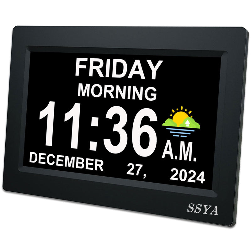 SSYA 7 Inch Calendar Clock - 12 Alarm Options, Level 5 Auto Dimmable Display,Extra Large Impaired Vision Digital Clock with Non-Abbreviated Day & Month (Black) 7" Black