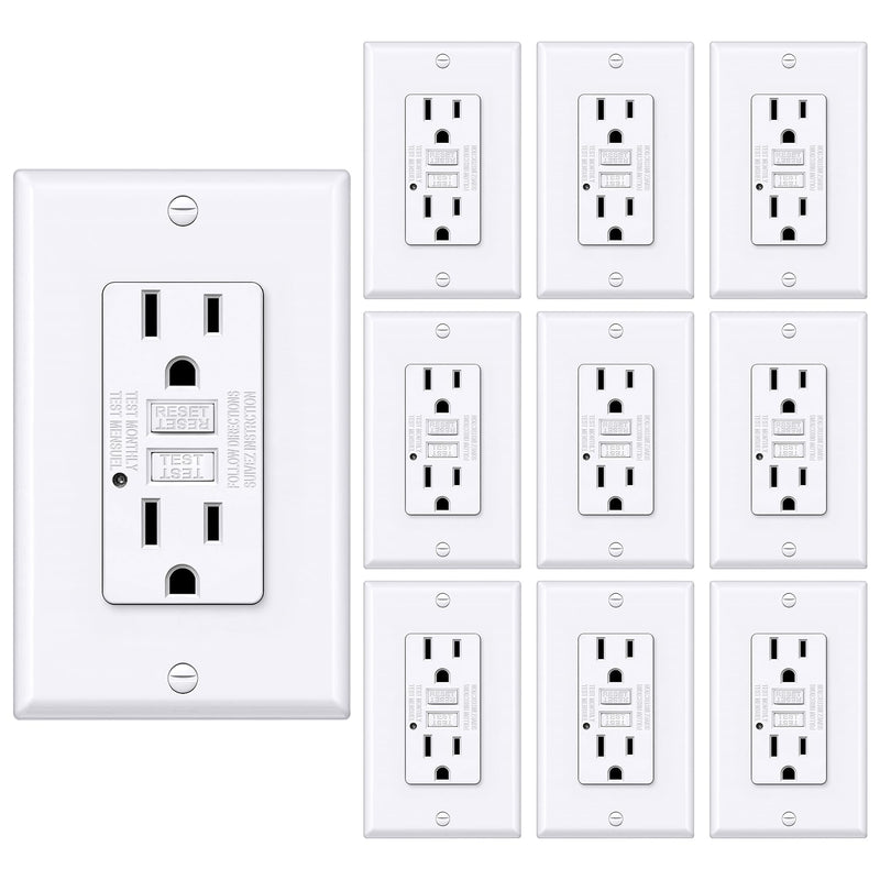 BESTTEN GFCI Outlet 15 Amp, GFI Receptacle Outlet with LED Indicator, Ground Fault Circuit Interrupter, Non-Tamper-Resistant, Wallplate Included, ETL Certified, 10 Pack, White 15A Indoor