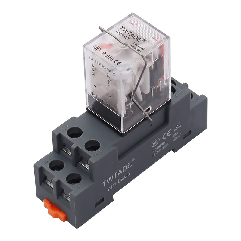 TWTADE AC 110V/120V Relay 10A Electromagnetic Power Coil Relay 8 Pins DPDT 2NO+2NC with Indicator Light and Socket Base -YJ2N-LY 8 PIN-10A
