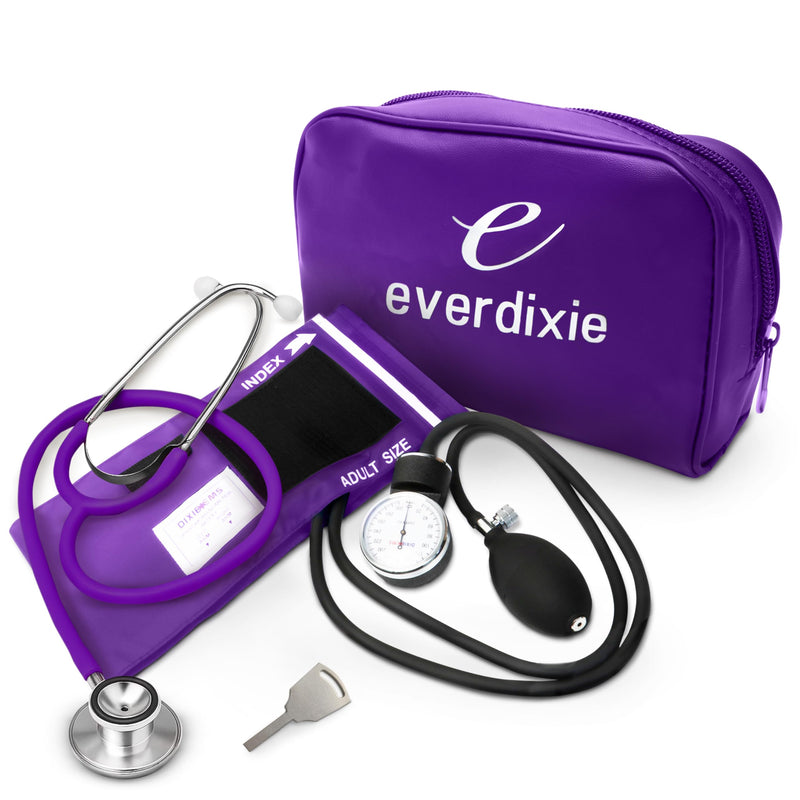 Dixie EMS Aneroid Sphygmomanometer and Dual Head Stethoscope Set with Adult Size Blood Pressure Cuff, Calibration Key and Carrying Case – Purple