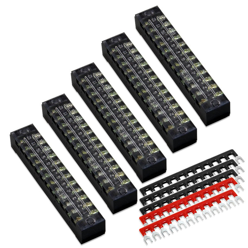 MILAPEAK 10pcs (5 Sets) 12 Positions Dual Row 600V 15A Screw Terminal Strip Blocks with Cover + 400V 15A 12 Positions Pre-Insulated Terminals Barrier Strip (Black & Red) 15A 12P+5pcs Jumpers