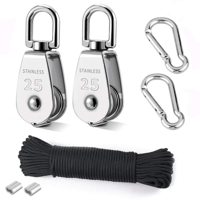 TooTaci 25MM Pulley System, M25 Pulley Block with Rope and Hooks, 2 Packs Stainless Steel M25 Single Pulley Wheel, 66ft Nylon Pulley Rope & Carabiner for Indoor Outdoor Lifting Project 4MMrope