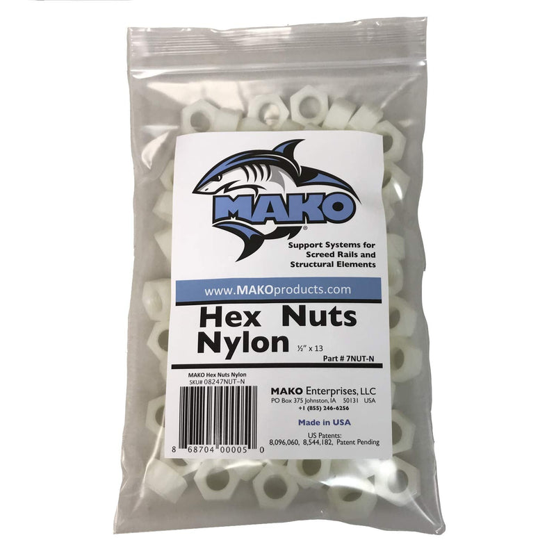 MAKO Nylon Hex Nuts, 100 pcs per Bag, 1/2" x 13 Thread | Non-Conductive & Non-Corrosive, Elevation Fine Tuning For FinStand, FinCap & JAWS Screed Chairs, Made in USA