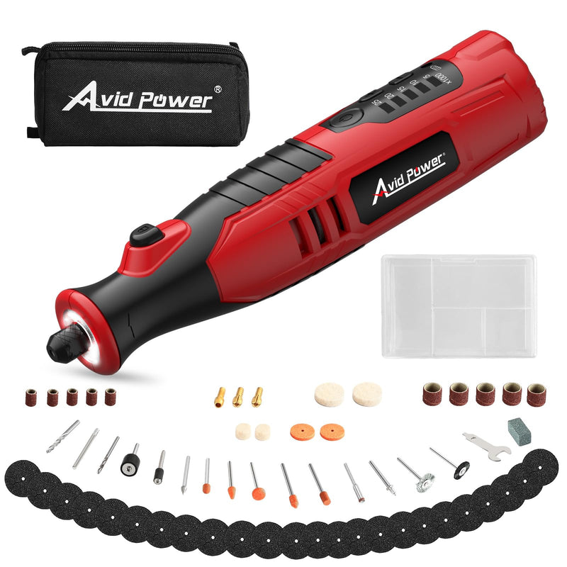 AVID POWER Cordless Rotary Tool 2.0 Ah 8V Rechargeable Rotary Tool, 4 Front LED Lights, 5 Speeds, 60 Pcs Rotary Tool Accessories with Bag for Carving, Engraving, Sanding, Polishing and Cutting - Red