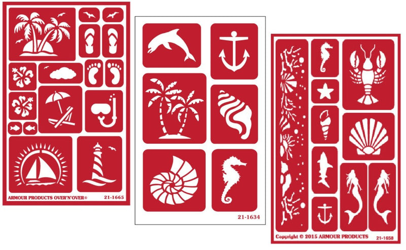 3 Armour Etch Over N Over Reusable Glass Etching Stencils Set | Nautical Theme | Paradise, Seashore, Under The Sea