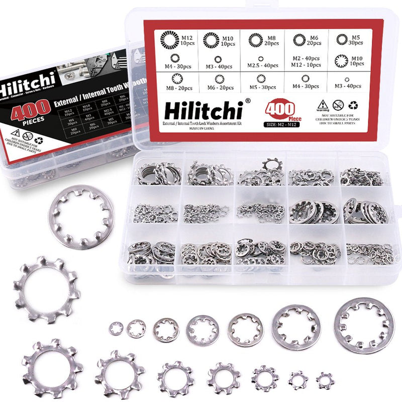 Hilitchi 400-Pcs [8-Size] 304 Stainless Steel External Internal Tooth Star Lock Washers Assortment Kit - Included: M2 M3 M4 M5 M6 M8 M10 M12 Internal + External