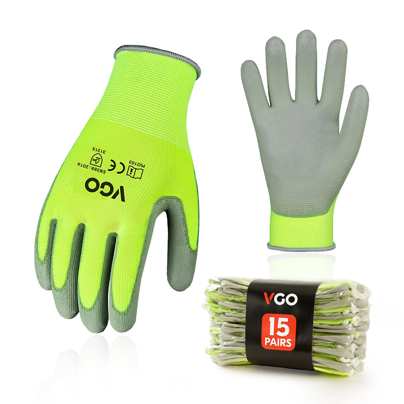 Vgo... 15-Pairs Safety Work Gloves, Gardening Gloves, Polyurethane Coated, Dipping Gloves, Latex Free (Size L, Yellow, PU2103) Large (Pack of 15)
