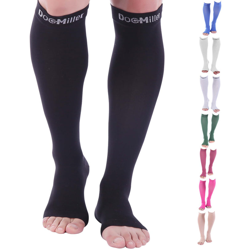 Doc Miller Open Toe Compression Socks, 20-30 mmHg, Toeless, Support Circulation, Shin Splints, Calf Recovery, Post Op, Knee High, Medical Grade, Black Socks, Large Size for Tall Men & Women, Pair Large Tall