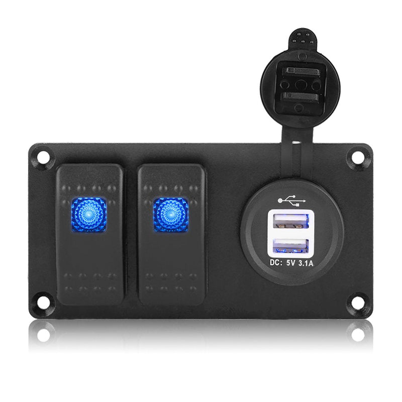 Marine Switch Panel, Dual USB Charging 3.1A 2 Gang RV Boat Switch 12V-24V Universal Voltage for Drivers Boaters RV Owners Marine Enthusiasts