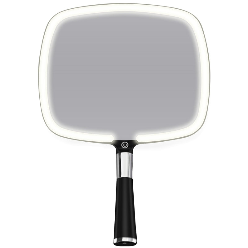 MIRRORVANA Lighted Travel Makeup Mirror - 2 in 1 Handheld & Tabletop LED Mirror with 3 Light Modes, Detachable Stand, and Comfy Handle - 9" x 13" (Black) Negro