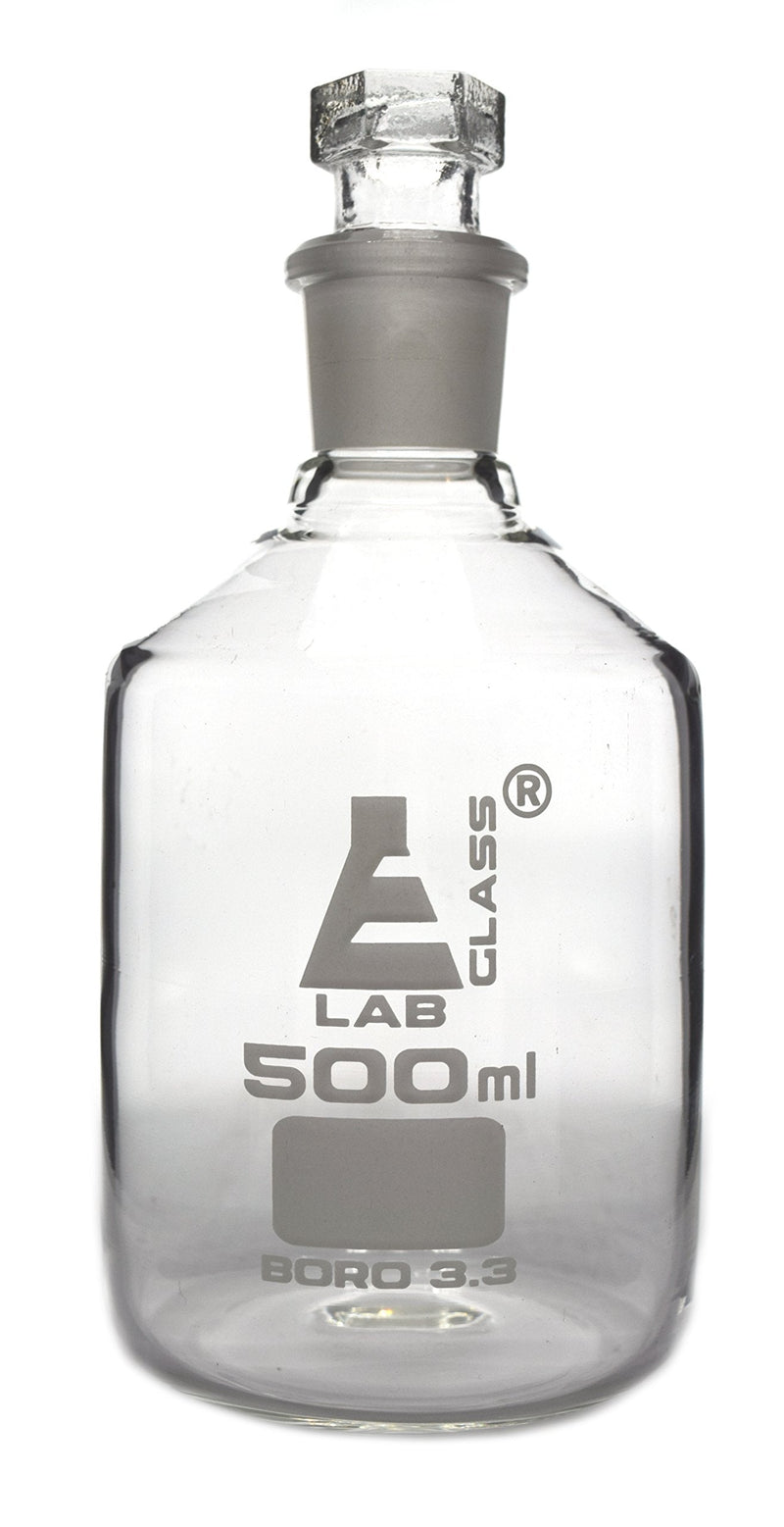 EISCO Reagent Bottle, Borosilicate Glass, Narrow Mouth with Interchangeable Hexagonal hollow glass Stopper - 500ml Labs
