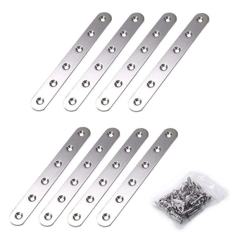 Sumnacon 8 Pcs Stainless Steel Flat Plates - 6 Inch Heavy Duty Mending Plate Straight Corner Brace Brackets Connector Furniture Repair Fixing Joint with Screws, Silver 6 Inch Silver