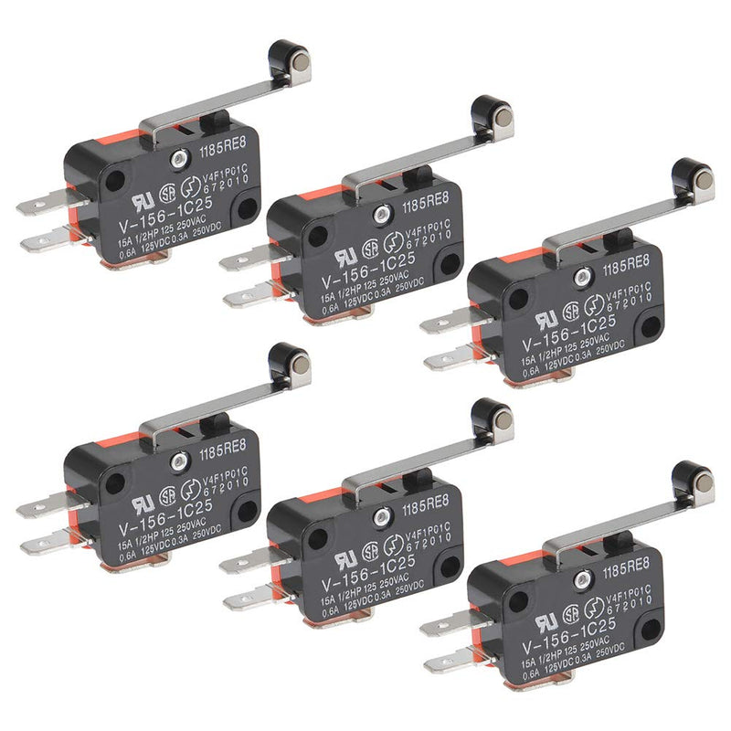 6Pcs V-156-1C25 Micro Limit Switch with Hinge Roller Momentary SPDT Snap Action for Arduino CYT1046