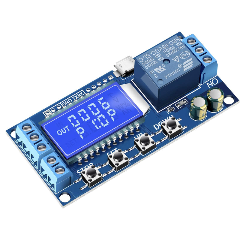 DROK Timer Relay, Time Delay Relay DC 5V 12V 24V Delay Controller Board Delay-off Cycle Timer 0.01s-9999mins Trigger Delay Switching Relay Module with LCD Display Support Micro USB 5V Power Supply 1pcs Blue