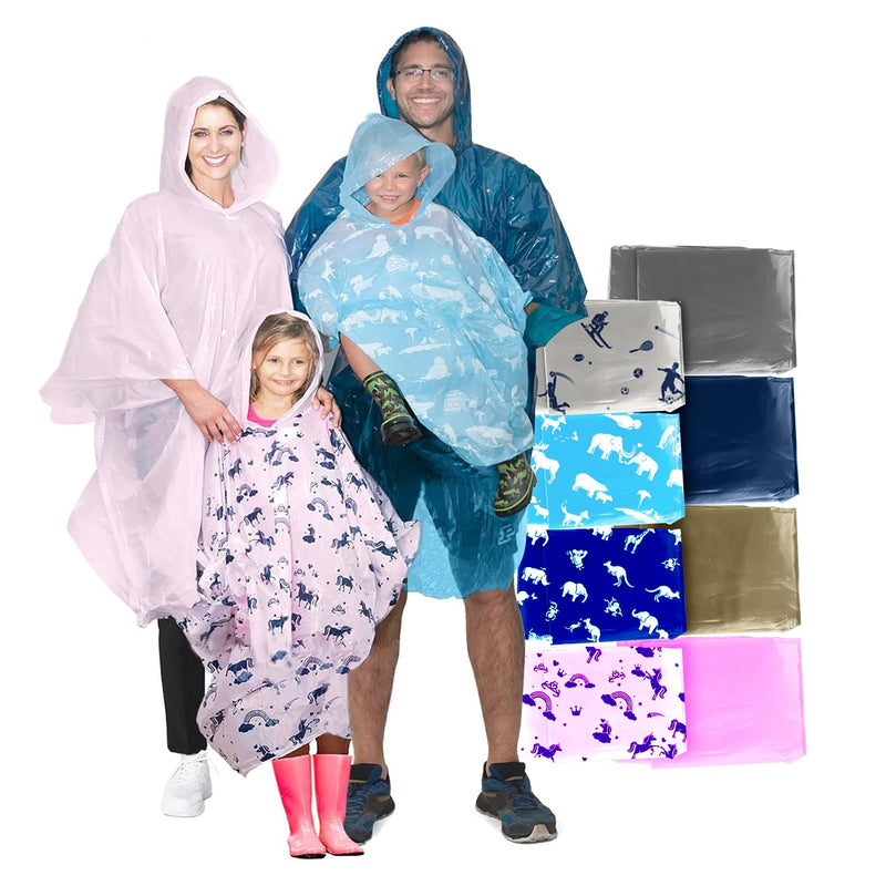 Disposable Rain Ponchos Family Pack (8 pack) - Waterproof Rain Poncho with Hood for Adults and Kids - Travel Rain Poncho Pack for Emergency Storms - Kids Ponchos with Fun Designs