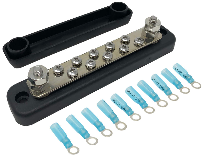 10 Terminal Bus Bar Kit for Power and Ground Distribution - Heat Shrink Ring Terminals and Cover Included 10 Terminal W/Cover Black