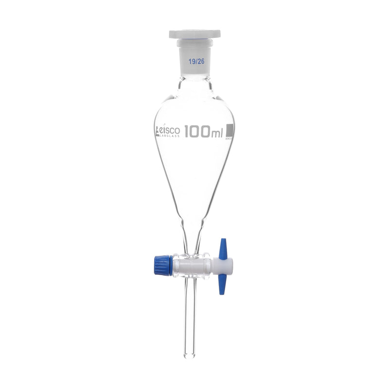 EISCO Squibb Separating Funnel, 100ml - 19/26 Plastic Stopper, PTFE Key Stopcock, Ungraduated - Borosilicate Glass