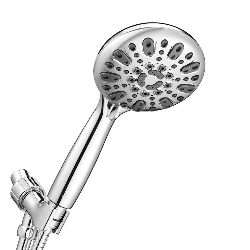 Handheld Shower Head, 6 Spray Setting High Pressure Shower Head with Brass Swivel Ball Bracket and Extra Long Stainless Steel Hose, Chrome, 5" Brass,Elegant