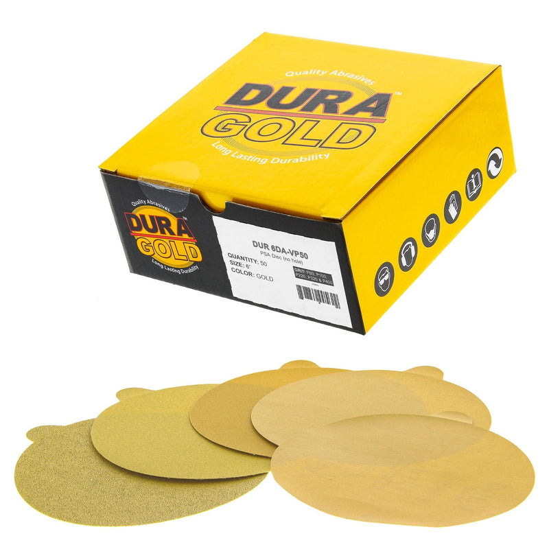 Dura-Gold Premium 80, 150, 220, 320, 400 Grit 6" Gold PSA Sanding Discs, 10 Each, 50 Total - Self Adhesive Stickyback Sandpaper Discs for DA Sander, Sand Automotive Car Paint, Woodworking Wood, Metal Variety Pack
