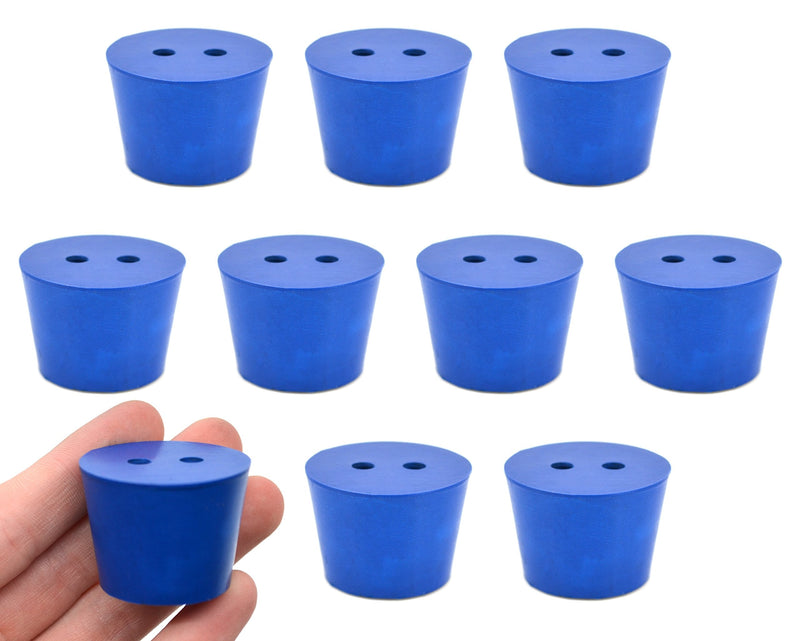 EISCO 10PK Neoprene Stoppers, 2 Holes - ASTM - Size #6.5-27mm Bottom, 34mm Top, 25mm Length - Suitable for use with Petroleum, Oils & Most Inorganic Acids and Bases