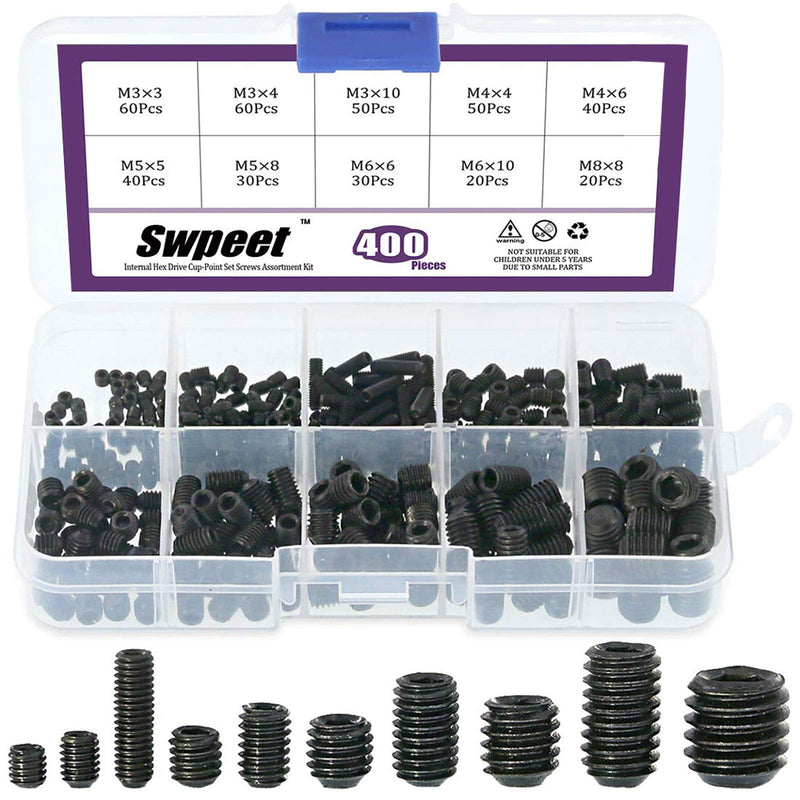 Swpeet 400Pcs Allen Head Socket Hex Grub Screw Assortment Kit, Including 10 Sizes M3/4/5/6/8 Internal Hex Drive Cup-Point Set Screws for Door Handles, Faucet, Light Fixtur - NewNest Australia