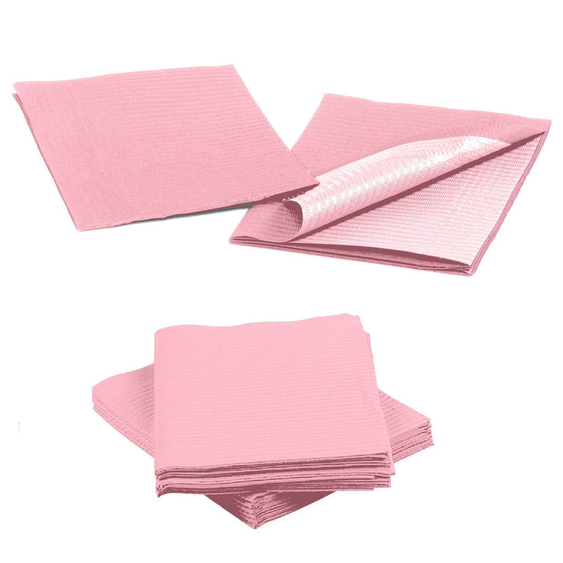 Pink Disposable Dental Bibs 13"x18" - 3 Ply Waterproof Tattoo Bib Sheet for Patients - Dentist or Medical Tray Cover and Nail Table Cover Supplies Pink