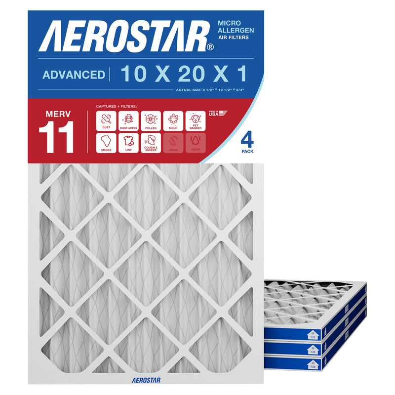 Aerostar 10x20x1 MERV 11 Air Filter, Pleated AC Furnace HVAC Filters (9.5x19.5x0.75), for Allergies Asthma Dust Pet Dander Smoke Bacteria Viruses, MPR 1500 FPR 10, USA, 4 Pack Advanced