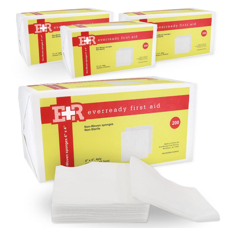 Ever Ready First Aid Non-Woven Sponges, Wound Care, Skin Care, 4" x 4", 4 Ply - 800 Count 4" x 4" (4 Packs of 200)