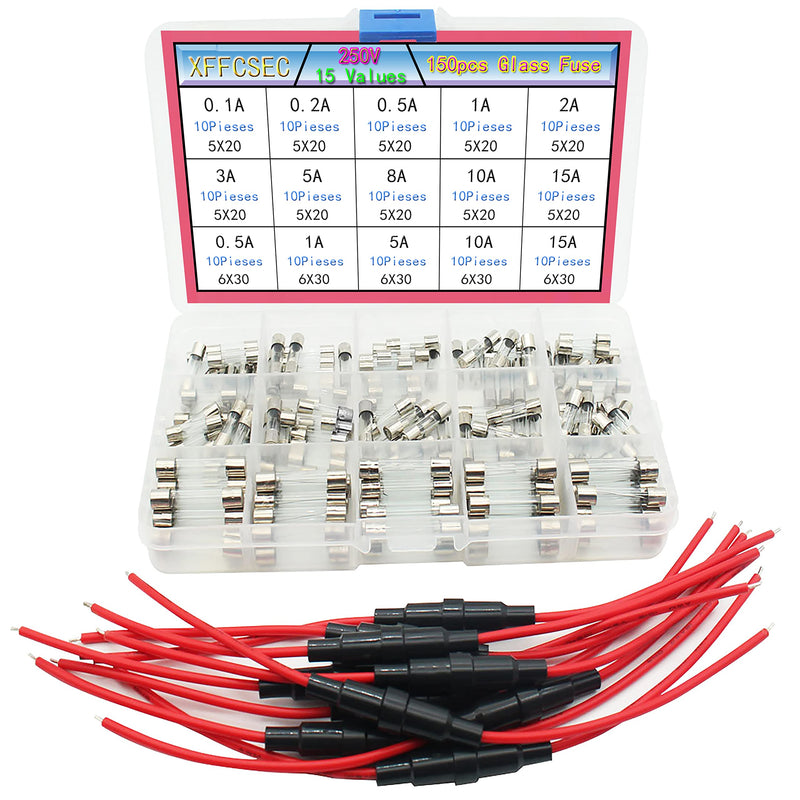 Fuse Holder Kit:10pcs 18 AWG Screw Type 5X20 Inline Fuse Holder + 150pcs Quick Blow 250V Fuse 0.1A,0.2A,0.5A,1A,2A,3A,5A,8A,10A,15A,5x20mm, 0.5A,1A,5A,10A,15A,6x30mm A Type fuse kit - NewNest Australia