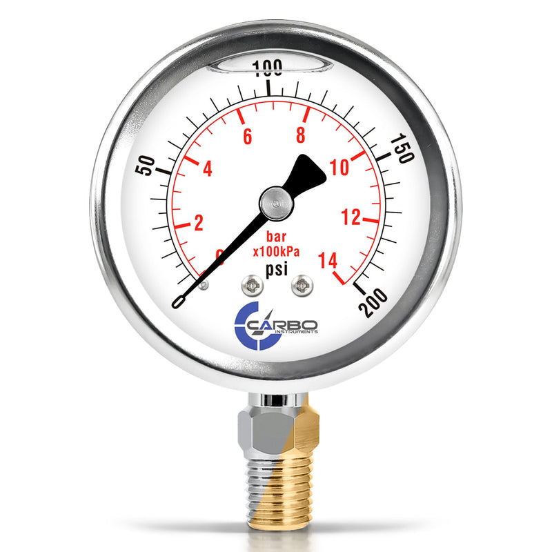 Stainless Steel Pressure Gauge Dual Display (0-200 psi/kPa) - 2 1-2" Glycerine Liquid Filled Water Air Oil Gas Gauge with Polycarbonate Lens & Brass Connection - 1/4" NPT Lower Mount 0-200 psi