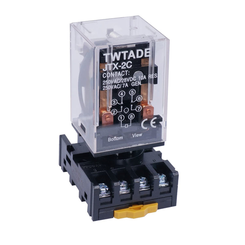 TWTADE/JTX-2C, MK2P-I DPDT Power Relay with Plug-in Terminal Socket Base, DC 12V Coil, 8 Pin 2NO 2NC