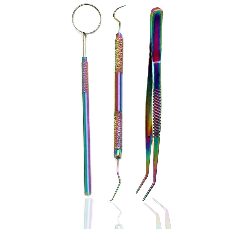 Dental Hygiene Set - 3Pcs Basic Dental Instruments Stainless Steel Dental Rainbow Tooth Pick, Mouth Mirror/Cotton Plier/Dentists Tools is Ideal for Personal Use & Pet Friendly for Educational Use
