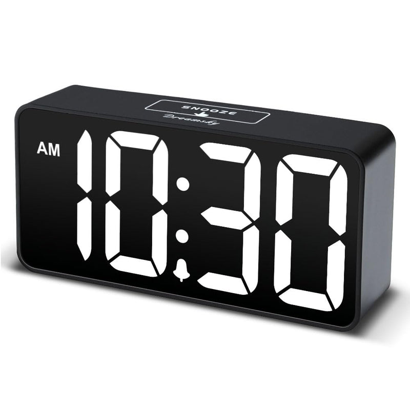 DreamSky Small Digital Alarm Clock for Bederoom, Large Big Numbers Display with Dimmer for Living Room, Electric Bedside Desk Clock with USB Charging Port, Adjustable Volume, USB-C Adapter Powered Black Case White Digits