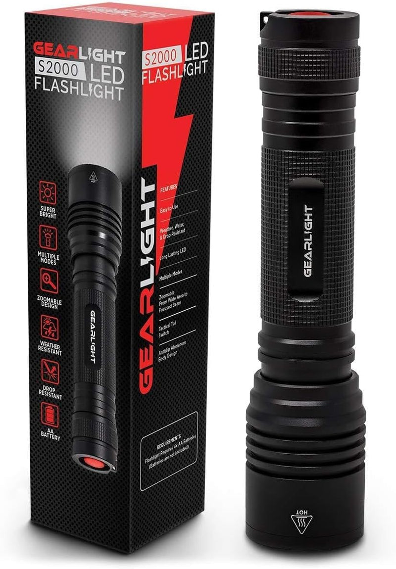 LED Flashlight High Lumens, Tactical Flashlight Battery Powered (Batteries Not Included), Bright Handheld Flashlight for Camping, Hunting, Home, Security, Hiking, Walking at Night & Emergency Use S2000 Black Battery-Powered