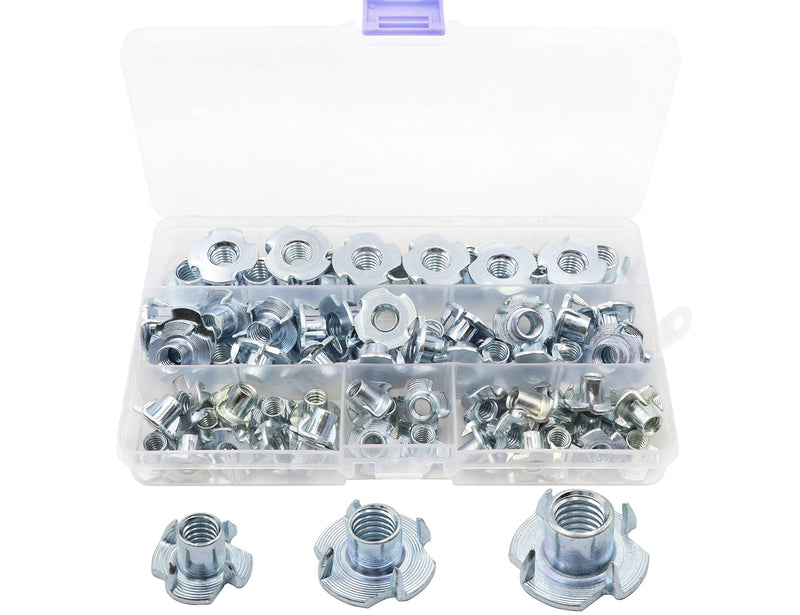 LBY 75pcs T-Nuts, (1/4",5/16",3/8") T-Nuts Four Claws Nut Assortment Kit, Carbon Steel, Galvanized, Silver