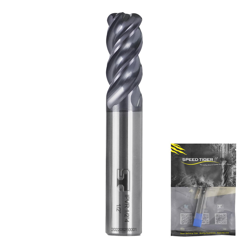 SPEED TIGER Carbide Corner Radius End Mill - 4 Flute - IPVR1T3/8 0.06" 4 (1 Piece, R0.06, 3/8") - Unequal Flute Spacing & Helix Design - for Titanium - Mill Bits Sets for DIYers & Professionals 3/8 in
