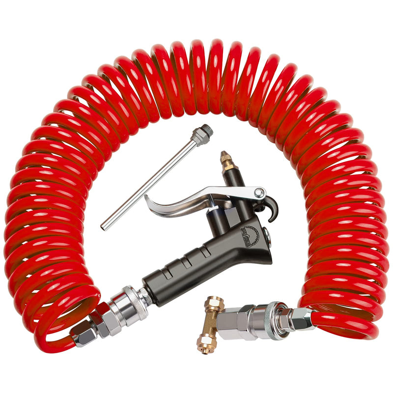 Heavy Duty Truck Air Duster Blow Gun Cleaning with 9 Meter Long Coil and 2 interchangeable nozzle tips- Red Air Seat Blow Gun Kit