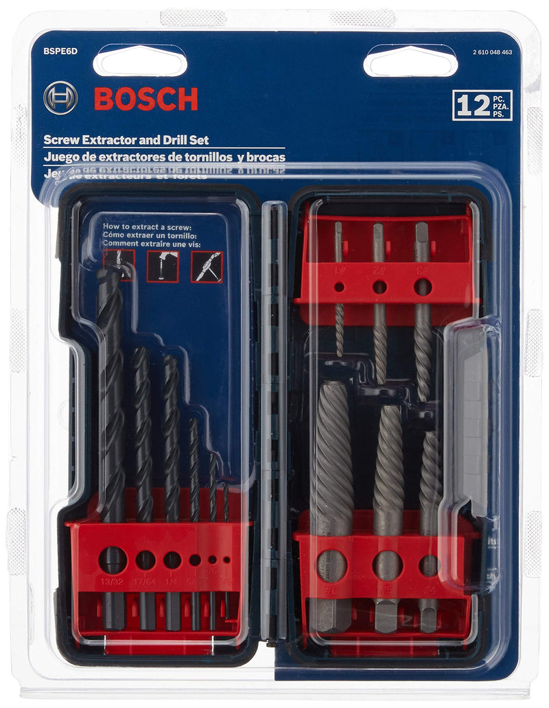 BOSCH BSPE6D 12-Piece Assorted Set Spiral Flute High-Carbon Steel Screw Extractor & Black Oxide Drill Bits Ideal for Removing Stripped Screws, Bolts, Fasteners 12-Piece Set
