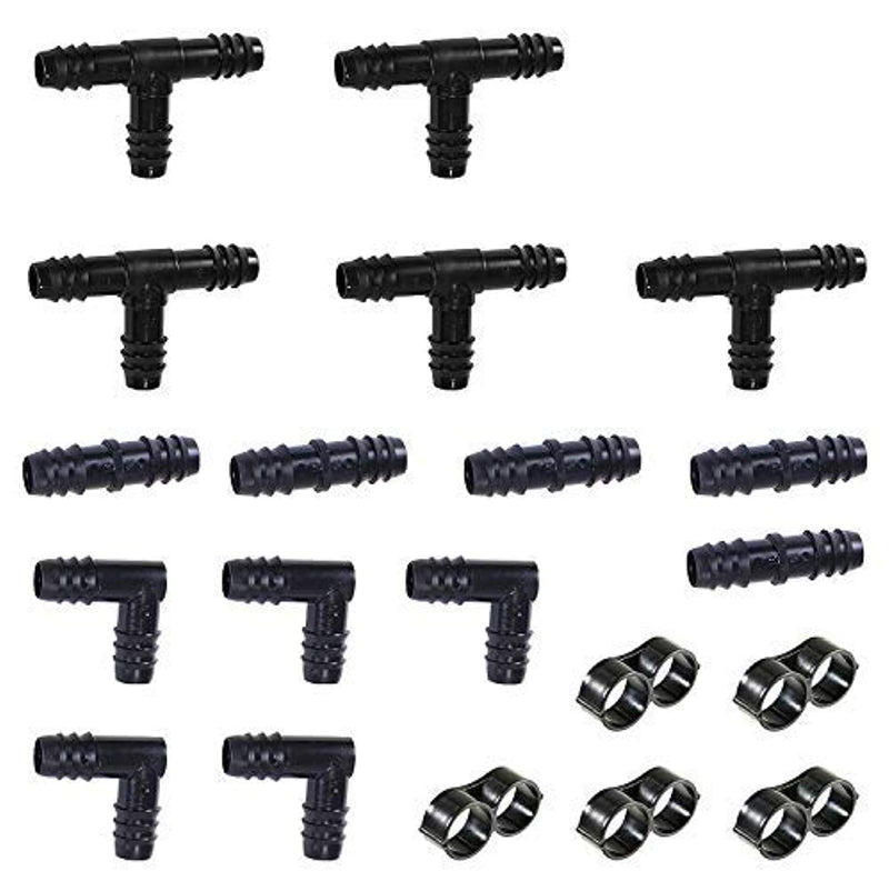 Irrigation Fittings Kit for 1/2" Tubing 20 PIECE SET - 5 Tees, 5 Couplings, 5 Elbows, 5 End Cap Figure 8 Plugs - Barbed Connectors (For Rain Bird 16mm .520 ID and Compatible Drip or Sprinkler Systems) Black