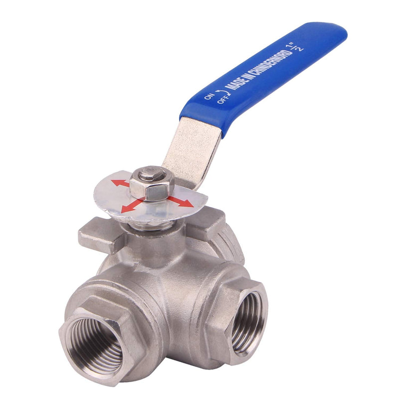 DERNORD 3-Way Ball Valve, T Mounting Pad, Stainless Steel 304 Female Type with Vinyl Locking Handle (1/2 Inch NPT) 1/2 Inch NPT