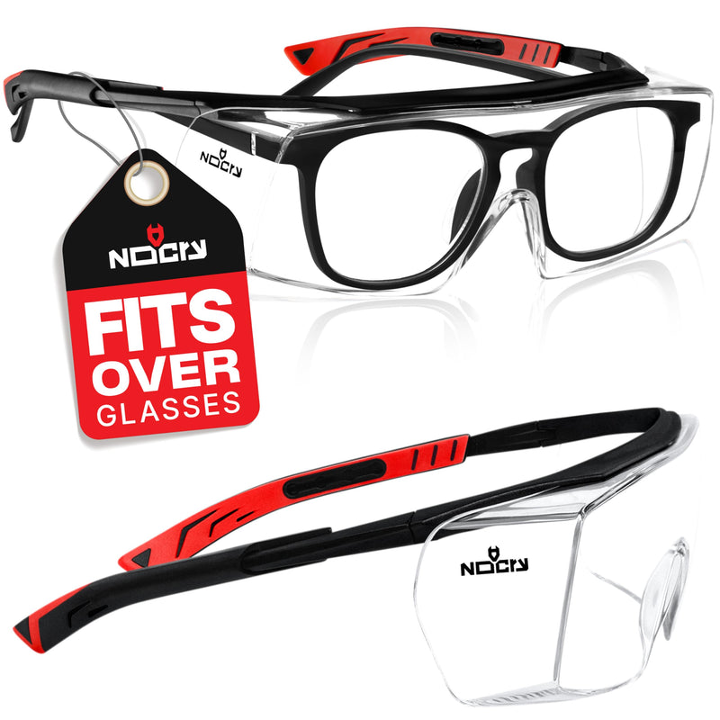 NoCry Safety Glasses Over Eyeglasses for Men and Women with Anti Scratch Lenses and Integrated Side Shields — Adjustable Temples with Anti-Slip Tips — 100% UV Protective Eyewear — ANSI Z87 Certified Black & Red Anti-Scratch