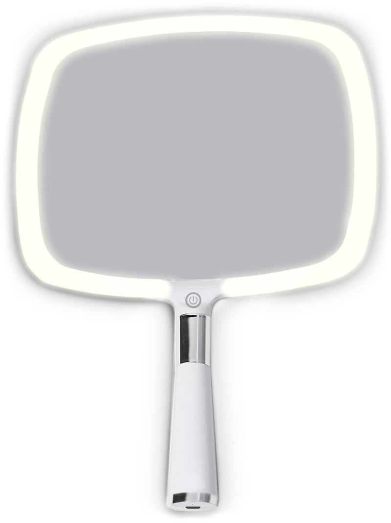 MIRRORVANA Lighted Travel Hand Mirror with Comfy Handle and Detachable Stand - Portable, Thin and Lightweight Design - Rechargeable with 3 LED Light Settings - 9" x 13" (White) White
